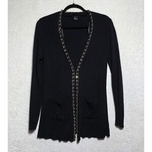 Forever 21 Black Ribbed Knit Chain Trim Open Front Cardigan Sweater Small